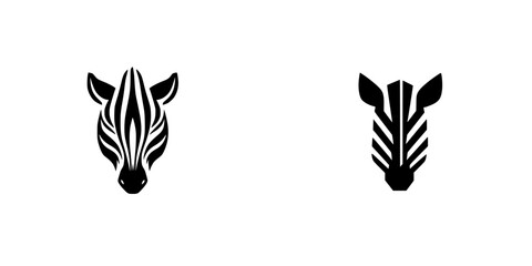 Flat black icon designs featuring the stylized heads of zebras with distinctive striped patterns in a minimalist style