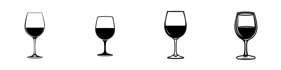 Variety of flat black icons depicting different wine glasses for design applications