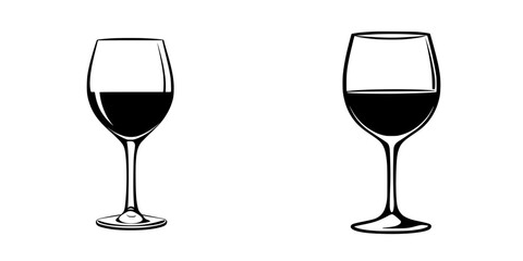 Two flat black icons of wine glasses depicting different shapes with liquid inside against a white background