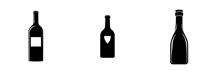 Flat black icons of wine bottles representing different shapes and styles in minimalist design