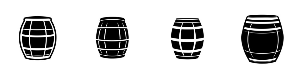 Black flat icon set of various barrel designs for use in digital graphics or branding applications
