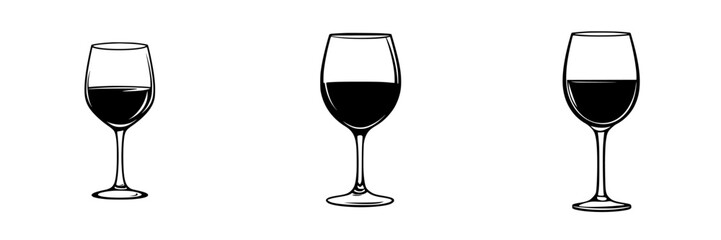 Different styles of flat black wine glass icons representing various types of wine glasses in a minimalist design