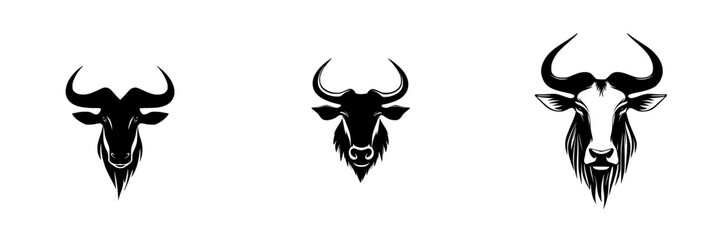 Three flat black icons representing different bovine heads with distinctive features