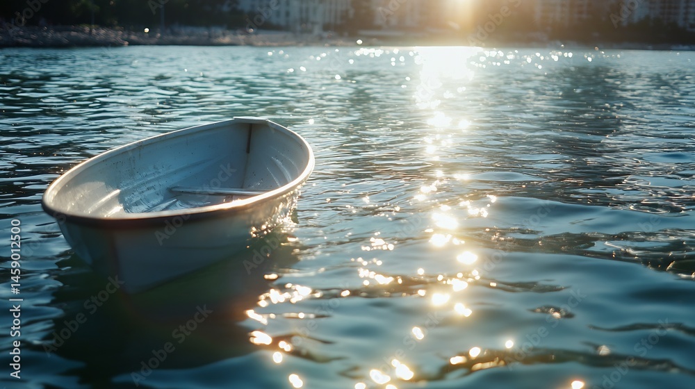 Poster small white rowboat floats gently on calm teal water, sunlight glints on the surface, creating spark