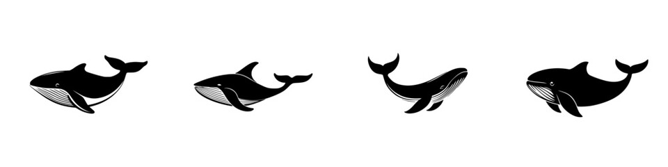 Black icon set of various whale silhouettes swimming gracefully in a minimalist style