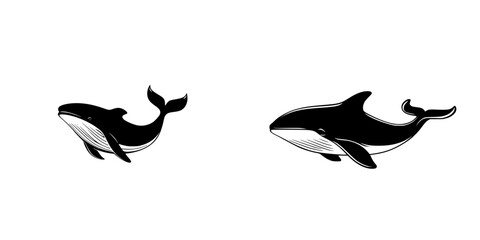 Stylized flat black icon of two whales swimming gracefully in an ocean setting, emphasizing marine life and aquatic beauty