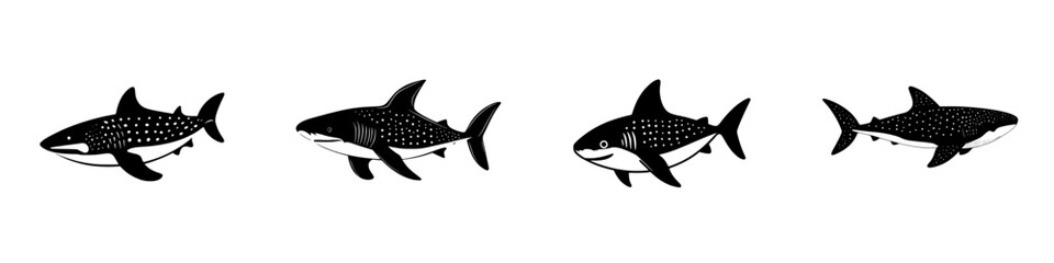 Illustration of flat black shark icons displaying various styles and positions