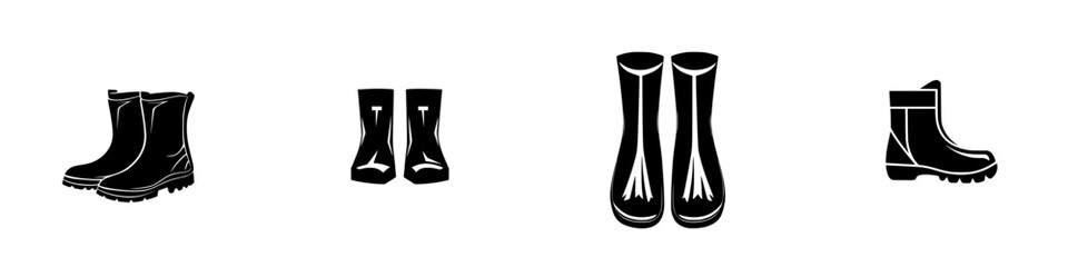 Various styles of flat black boots icons suitable for different weather conditions and activities
