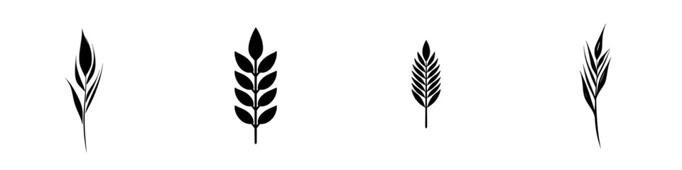Flat black icons depicting various plant species with different leaf formations for design purposes