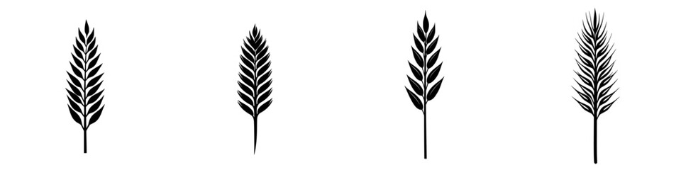 Flat black icons of various plant leaves arranged in a row, showcasing different shapes and designs for graphic use