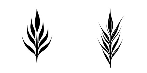 Stylized flat black leaf icons designed for minimalistic art and graphic applications showcasing simple botanical forms