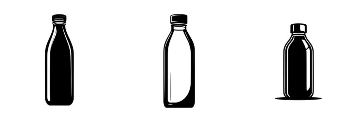 Simple flat black icon set of milk bottles on a white background for design and illustration purposes