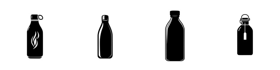 Black icons representing various types of bottles used for carrying liquids in different styles and designs suitable for various activities