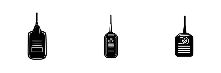 Flat black icons representing various labels with rectangular shapes and distinct features enclosed in a simple design