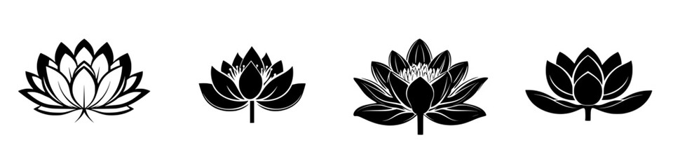 Elegant flat black lotus flower icons suitable for various design applications, showcasing different styles and formations