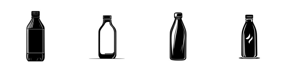 Various flat black bottle icons displayed in a row for design and branding purposes