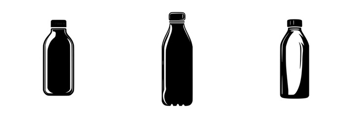 Flat black icon set showcasing three different bottle designs in minimalist style