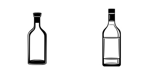 Flat black icons of two different types of bottles with distinct shapes and neck designs for graphic design use