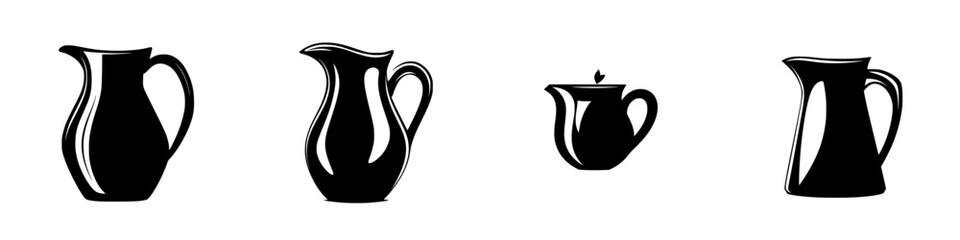 Variety of flat black jugs displayed in a minimalist design, showcasing different shapes and sizes for kitchens and dining settings