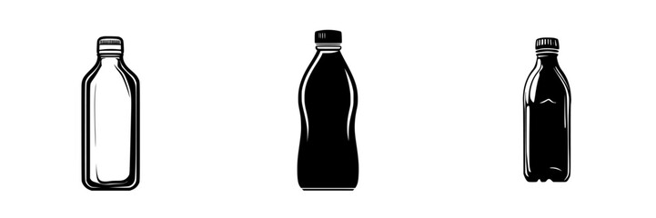 Three variations of flat black bottle icons designed for use in various graphic applications