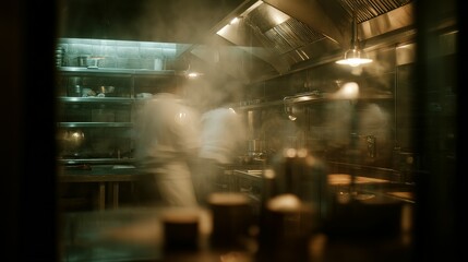 Fototapeta premium Blurred view of chefs working in a dimly lit restaurant kitchen.