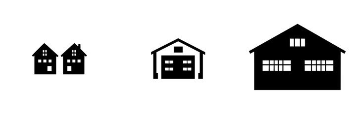 Collection of flat black house and garage icons suitable for minimalist design projects and architectural illustrations