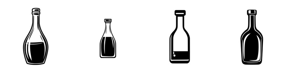 Icon collection featuring various flat black bottles arranged in a linear design suitable for minimalist themes and graphic applications