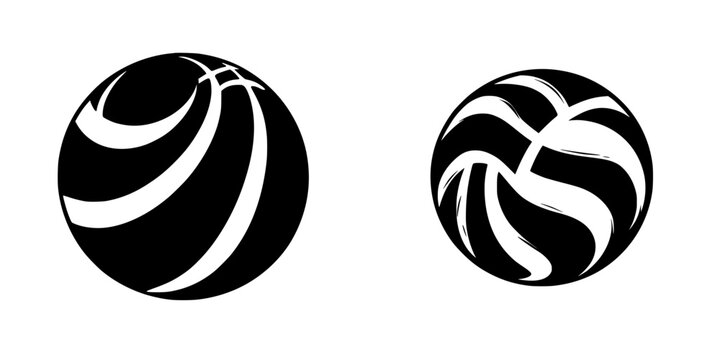 Black icon designs featuring two distinct ball shapes representing sports activities and teamwork dynamics in modern graphics