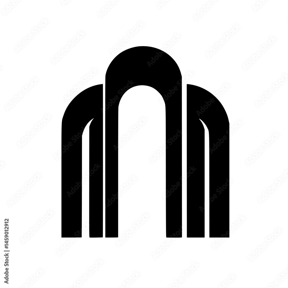 Poster flat black icon representing an abstract architectural structure with arches and curves in a minimal