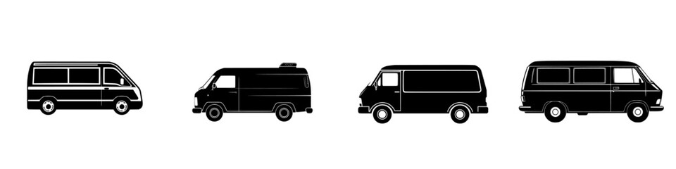 Different styles of flat black vans lined up in a minimalist design showcasing vehicle silhouettes