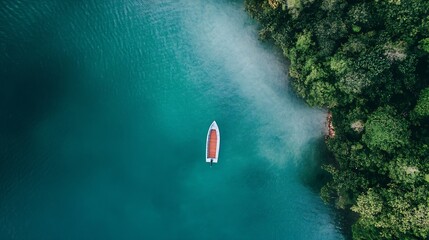 Aerial view of a small motorboat on teal water, next to a lush green tropical forest shoreline.  The boat is positioned centrally, offering a tranquil and serene scene. : Generative AI