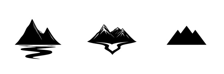 Fototapeta premium Stylized flat black icons depicting mountain landscapes with water and valley designs