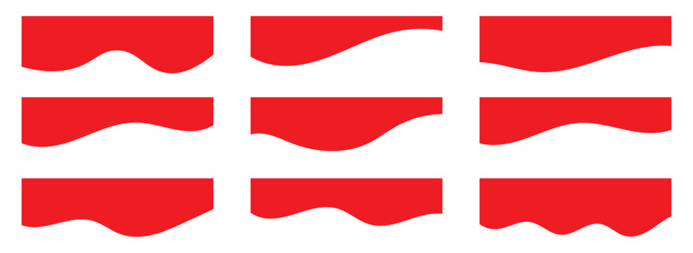 Collection of wavy Red decorative border for web design element vector. Website divider border vector illustration. Collection of dividers shape red templates.Red curve top headline. banner header 
