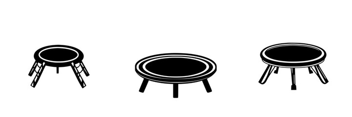 Flat black icons of different types of trampolines showing various designs and sizes for recreational activities and exercise
