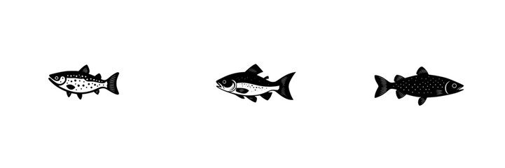 Flat black fish icons representing different species in simple, minimalist design for graphic use