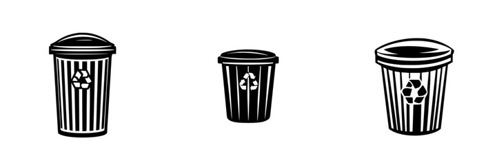 Black icon set of three recycling bins with distinct designs for waste management and environmental awareness