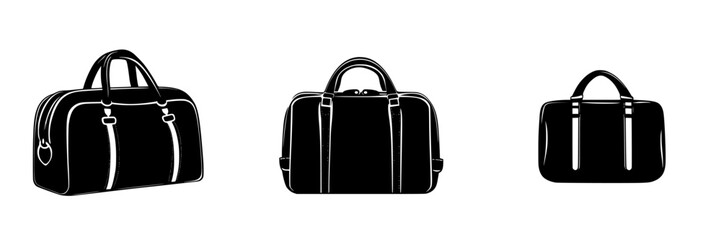 Flat black icons depicting three distinct styles of travel bags suitable for various occasions and activities