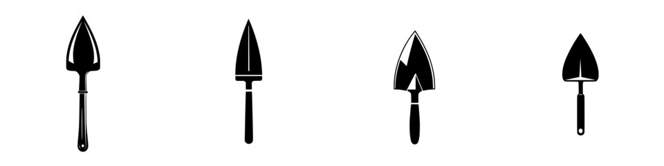 Garden tools displayed as flat black icons showing various trowel designs for planting and gardening activities