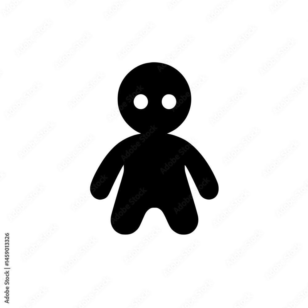 Poster flat black icon representing a simple humanoid figure with two round eyes and an abstract design sui