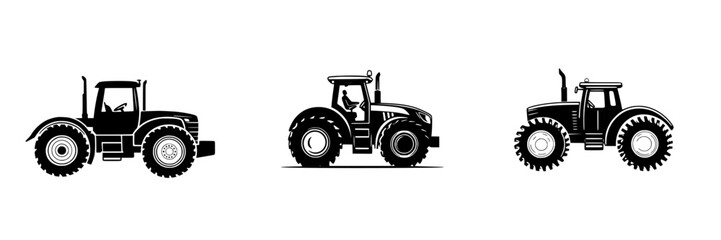 Collection of flat black tractor icons representing agricultural machinery with various designs and details