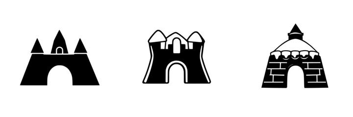 Black icon set featuring three different castle designs with unique architectural features emphasizing simplicity and flat style