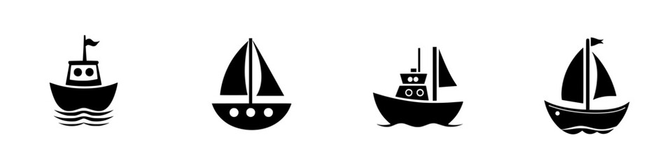 Collection of flat black nautical icons showcasing various boat designs on a simple background