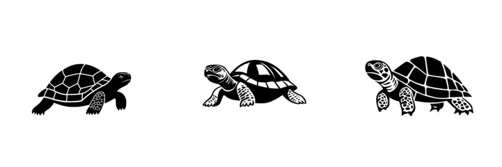 Flat black icon representation of three different turtle designs, showcasing their unique shell shapes and features in a simple graphic style