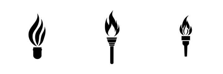 Flat black icons of classic torch designs with flames depicting traditional symbols of light and energy