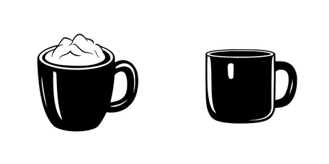 Stylized flat black icons of a coffee mug with whipped cream and an empty mug for beverage design