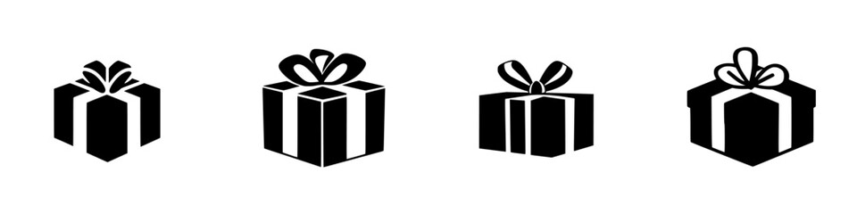 Collection of flat black gift icons in various styles with ribbons and wrapping suitable for celebrations and special occasions