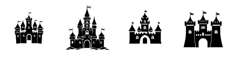 Obraz premium Dark silhouettes of various castle structures with flags waving