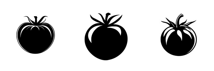 Black icons of three distinct tomato shapes showcasing variety in design for culinary or agricultural applications