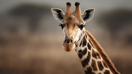 Obraz premium Gentle Giraffe Portrait with Expressive Eyes and Delicate Patterns in Warm Natural Light