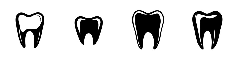 Different styles of flat black tooth icons suitable for dental-related designs and branding in various applications